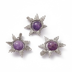 Amethyst Natural Amethyst Pendants, Sun Charms, with Rack Plating Platinum Tone Brass Findings, Cadmium Free & Lead Free, 26~28x24~28x10mm, Hole: 2x4mm