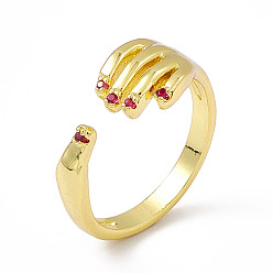 Deep Pink Cubic Zirconia Hand Plam Open Cuff Ring, Golden Brass Jewelry for Women, Deep Pink, US Size 6 3/4(17.1mm)