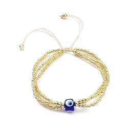 Gold Adjustable Glass & Lampwork Evil Eye Braided Beaded Bracelet for Women, Gold, Inner Diameter: 1-7/8~2-3/4 inch(4.7~7cm)