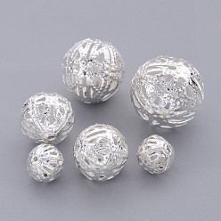 Plata Perlas de filigrana de hierro, bola de filigrana, el color plateado de plata, sobre 6-16 mm de diámetro, 6-15 mm de espesor, agujero: 1-6 mm, sobre 200 g / bolsa