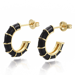 Black Brass Stud Earrings, Half Hoop Earrings, with Enamel and Earring Backs, Real 18K Gold Plated, Bamboo Shape, Black, 21x16.5x3.5mm, Pin: 0.7mm