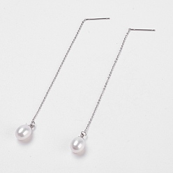 White Cultured Freshwater Pearl Dangle Stud Earrings, Ear Thread, with 304 Stainless Steel Findings, Cardboard Boxes, White, 96~98x1mm, Pin: 0.8mm