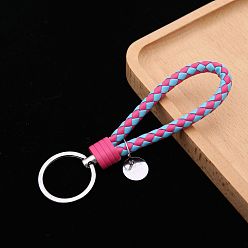 Camellia PU Leather Knitting Keychains, Wristlet Keychains, with Platinum Tone Plated Alloy Key Rings, Camellia, 12.5x3.2cm