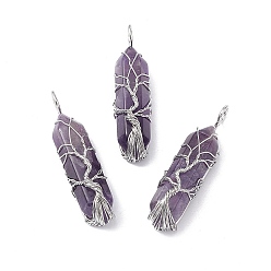 Amethyst Natural Amethyst Copper Wire Wrapped Pendants, Faceted Bullet Charms, Platinum, 49x14.5x11.5mm, Hole: 5mm