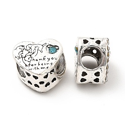 Light Rose Rack Plating Alloy Rhinestone European Beads, Large Hole Beads, Heart with Dog & Word Thank You for Being with Me, Light Rose, 10.5x12x8mm, Hole: 4.5mm