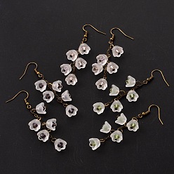Mixed Color Glass Flower Beads Dangle Earrings, with Acrylic and Antique Bronze Plated Metal Findings, Mixed Color, 65x19mm, Pin: 0.6mm