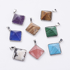 Mixed Stone Natural & Synthetic Mixed Stone Pendants, with Brass Finding, Pyramid, Platinum, 28.5x32x13mm, Hole: 3.5x6mm
