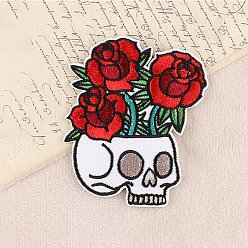 Rouge Tissu de broderie informatisé coudre sur des patchs, accessoires de costumes, crâne à la rose, rouge, 100x54mm