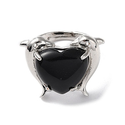 Obsidiana Anillos ajustables abiertos con delfín y corazón de obsidiana natural, larga duración plateado, diámetro interior: 18 mm