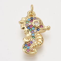 Golden Brass Cubic Zirconia Pendants, Sea Horse, Colorful, Golden, 18x12x3mm, Hole: 1.6mm, Ring: 4x1mm