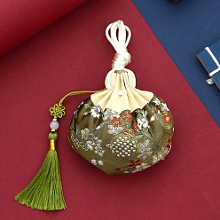 Olive Drab Flower Silks & Satins Drawstring Bags, Sachet Tassel Pouches for Jewelry Storage, Olive Drab, 100x85mm