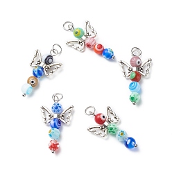 Mixed Color Handmade Millefiori Glass Pendants, with Tibetan Style Alloy Beads and 304 Stainless Steel Jump Rings, Angel, Mixed Color, 32.5x18x6mm, Jump Ring: 6x0.8mm, Inner Diameter: 4.5mm
