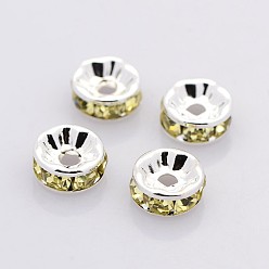 Jonquil Rondelle Silver Brass Grade A Rhinestone Spacer Beads, Straight Flange, Jonquil, 6x3mm, Hole: 1mm