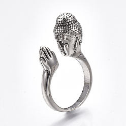 Античное Серебро Сплав манжеты кольца пальцев, широкая полоса кольца, Будда, античное серебро, размер США 8 1/2 (18.5 мм)