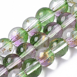 Verdemar Medio Aerosol pintado hebras de perlas de vidrio transparente, con la hoja de oro, rondo, verde mar medio, 6~7 mm, agujero: 1.2~1.5 mm, sobre 65~67 unidades / cadena, 14.76 pulgada ~ 15.12 pulgada (37.5~38.4 cm)