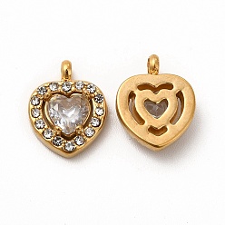 Clear Vacuum Plating 304 Stainless Steel Cubic Zirconia Pendants, with Rhinestone, Heart Charms, Clear, 12.5x10x3.5mm, Hole: 1.8mm