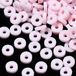 Pink Cuentas de arcilla polimérica hechas a mano ecológicas, disco / plano y redondo, perlas heishi, rosa, 4x1 mm, agujero: 1 mm, Sobre 55000 unidades / 1000 g
