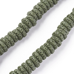 Dark Olive Green Natural Lava Rock Beads Strands, Dyed, Flat Round/Disc, Dark Olive Green, 8~8.5x3~4mm, Hole: 2mm, about 62 pcs/Strand, 7.87 inch(20 cm)