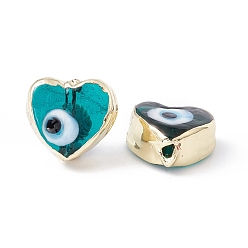 Dark Turquoise Handmade Evil Eye Lampwork Beads, with Brass Findings, Lead Free & Cadmium Free, Long-Lasting Plated, Heart, Dark Turquoise, 11~11.5x12~12.5x5.5~6mm, Hole: 1.5mm