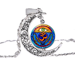 Orange Moon with Sun Glass Pendant Necklace, Om Aum Ohm Yoga Theme Alloy Jewelry for Women, Orange, 17.72 inch(45cm)