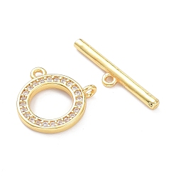 Golden Brass Micro Pave Clear Cubic Zirconia Toggle Clasps, Ring, Golden, Ring: about 12mm wide, 12mm long, 1.5mm thick, Hole: 1mm, Bar: 4x19.5x2mm, Hole: 1mm