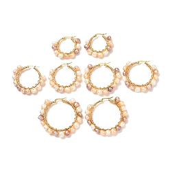 Blanco 4 pares de aretes de perlas naturales vintage para niñas y mujeres, Pendientes de aro de acero inoxidable, dorado, blanco, 304 mm, pin: 32~49.5x36~52x7.5~8 mm