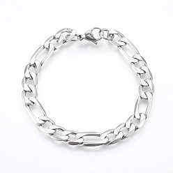 Stainless Steel Color 304 Stainless Steel Figaro Chain Bracelets, with Lobster Claw Clasps, Stainless Steel Color, 8-1/8 inch(20.7cm), 8.5mm