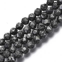 Gunmetal Plaqué Brins de perles de pierre de lave naturelle galvanisées, ronde, facette, cahoteuse, plaqué gris anthracite, 6~7x5~6mm, Trou: 1mm, Environ 63~64 pcs/chapelet, 15.16 pouce (38.5 cm)