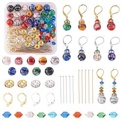 Mixed Color DIY Flower Beads Drop Earrings Making Kits, Including Lampwork Beads, Iron Rhinestone Beads & Pins, Brass Leverback Earring Findings, Mixed Color, 128pcs/box