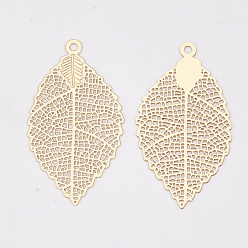 Light Gold Brass Pendants, Etched Metal Embellishments, Long-Lasting Plated, Leaf, Light Gold, 39x21.5x0.3mm, Hole: 1.6mm
