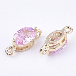Perlas de Color Rosa Conectores de enlaces de vidrio transparente, con fornituras de latón, facetados, oval, la luz de oro, rosa perla, 11x4x4 mm, agujero: 1 mm