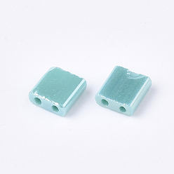 Medium Turquoise 2-Hole Opaque Glass Seed Beads, Lustered, Rectangle, Medium Turquoise, 5x4.5~5.5x2~2.5mm, Hole: 0.5~0.8mm
