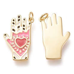 Golden Brass Pendants, with Enamel and Jump Rings, Long-Lasting Plated, Palm with Heart, Pink, Golden, 24x14x2mm, Hole: 3mm