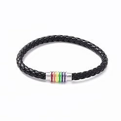 Black Rainbow Pride Bracelet, PU Leather Braided Cord Bracelet with Enamel Magnetic Clasps for Men Women, Black, 9 inch(22.7cm)
