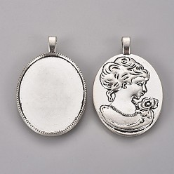Antique Silver Tibetan Style Alloy Pendant Cabochon Settings, Oval with Woman Portrait on the Reverse Side, Cadmium Free & Lead Free, Antique Silver, Tray: 40x29mm, 51x32x6mm, Hole: 6x3mm