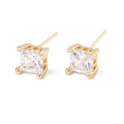 Real 18K Gold Plated Clear Cubic Zirconia Square Stud Earrings, Brass Jewelry for Women, Lead Free & Cadmium Free, Real 18K Gold Plated, 7x7mm, Pin: 0.8mm
