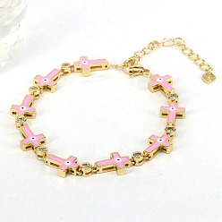 Pink Enamel Cross with Evil Eye Link Chains Bracelet with Cubic Zirconia, Gold Plated Brass Jewelry for Women, Pink, 9-1/2~10-1/4 inch(24~26cm)