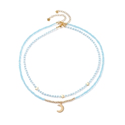 Light Sky Blue Star & Moon Pendant Necklaces Set for Teen Girl Women, Clear Crystal Glass Seed Beads Necklaces, Golden, Light Sky Blue, 17.72 inch(45cm), 15.63 inch(39.7cm), 2pcs/set