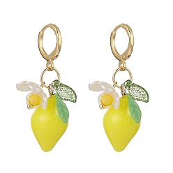 Golden Lemon Resin with Leaf & Imitation Pearl Flower Dangle Leverback Earrings, Brass Jewelry for Women, Golden, 40.5mm, Pin: 0.7x0.8mm