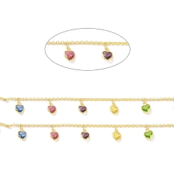 Real 18K Gold Plated Colorful Glass Heart Charms Chains, with Rack Plating Eco-Friendly Handmade Brass Rolo Chains, Soldered, with Spool, Lead Free & Cadmium Free & Nickel Free, Real 18K Gold Plated, Link: 2x0.6mm