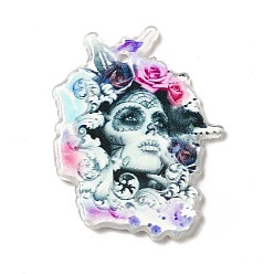 Hot Pink Halloween  Acrylic Pendants, Skullgirls with Flower Charms, Hot Pink, 36x28.5x2.5mm, Hole: 2mm