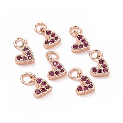 Hot Pink Brass Micro Pave Cubic Zirconia Charms, Long-Lasting Plated, Lead Free & Nickel Free & Cadmium Free, Heart, Hot Pink, Real Rose Gold Plated, 9.5x6.5x2mm, Hole: 1mm.