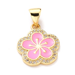 Hot Pink Brass Micro Pave Cubic Zirconia Pendants, Real 18K Gold Plated, Long-Lasting Plated, Flower, Hot Pink, 16x13.5x1.5mm, Hole: 5x3mm