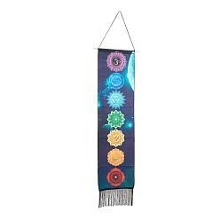 Planet Chakra Theme Linen Wall Hanging Tapestry, Vertical Tapestry, with Tassel, Wood Rod & Iron Traceless Nail & Cord, for Home Decoration, Meditation, Rectangle, Universe Themed Pattern, 164cm