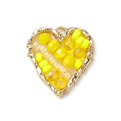 Jaune Pendentif en perles de verre et graines du japon, avec des apprêts en alliage plaqué or véritable 18k, cœur, jaune, 22.5x21x4mm, Trou: 1.5mm