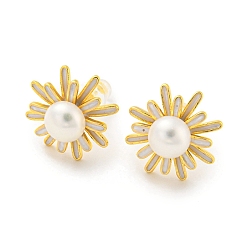 Real 18K Gold Plated Brass Flower Stud Earrings with Natural Pearl, with 925 Sterling Silver Pins, Real 18K Gold Plated, 15x15mm