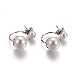 Stainless Steel Color 304 Stainless Steel Stud Earrings, with Plastic Beads, Stainless Steel Color, 21~24x10x10mm, Pin: 0.7mm