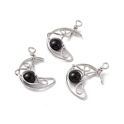 Obsidian Natural Obsidian Pendants, Moon Charms, with Rack Plating Platinum Tone Brass Findings, Cadmium Free & Lead Free, 31.5~33x22x8.5mm, Hole: 2.5~3mm