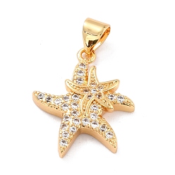 Real 18K Gold Plated Brass Micro Pave Clear Cubic Zirconia Pendants, Long-Lasting Plated, Starfish, Real 18K Gold Plated, 19.5x16.5x3mm, Hole: 3x4mm