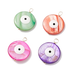 Mixed Color Natural Freshwater Shell Pendants, with Enamel and Real 18K Gold Plated Tone Copper Wire Loops, Dyed, Flat Round with Evil Eye Charm, Mixed Color, 32x25x6.5mm, Hole: 4.5mm